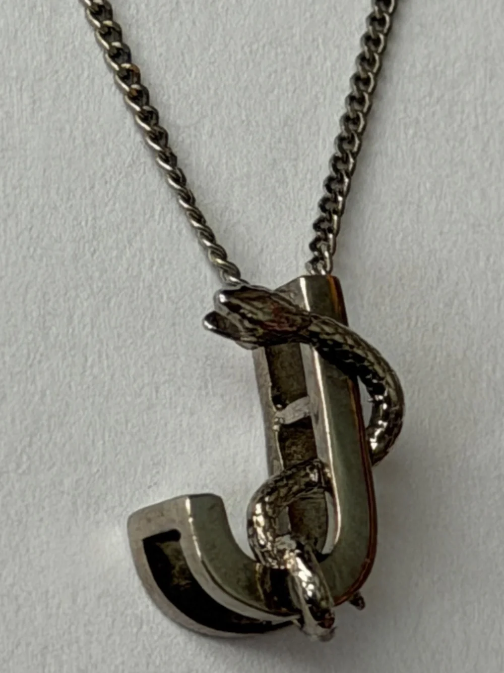 Saint Laurent YSL Sterling Silver J Initial Letter Snake Pendant Chain Necklace